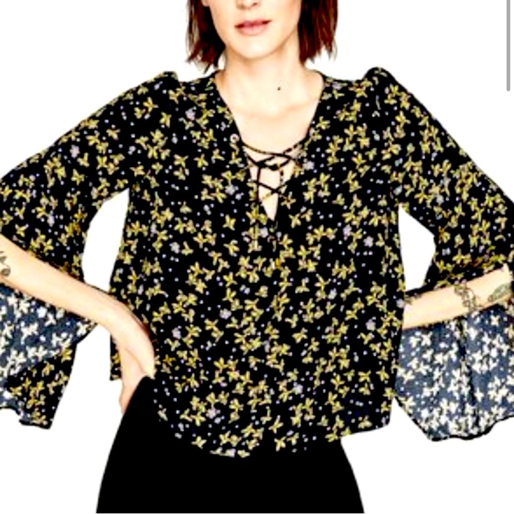 ZARA Black & yellow Floral print blouse Small